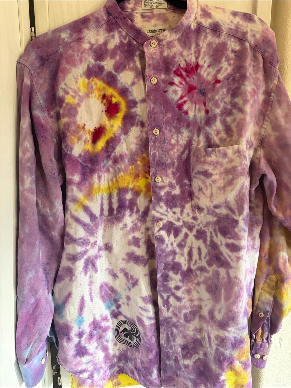 Rare vintage Claiborne linen Purple Tie-Dye Button-Up Shirt sz 16